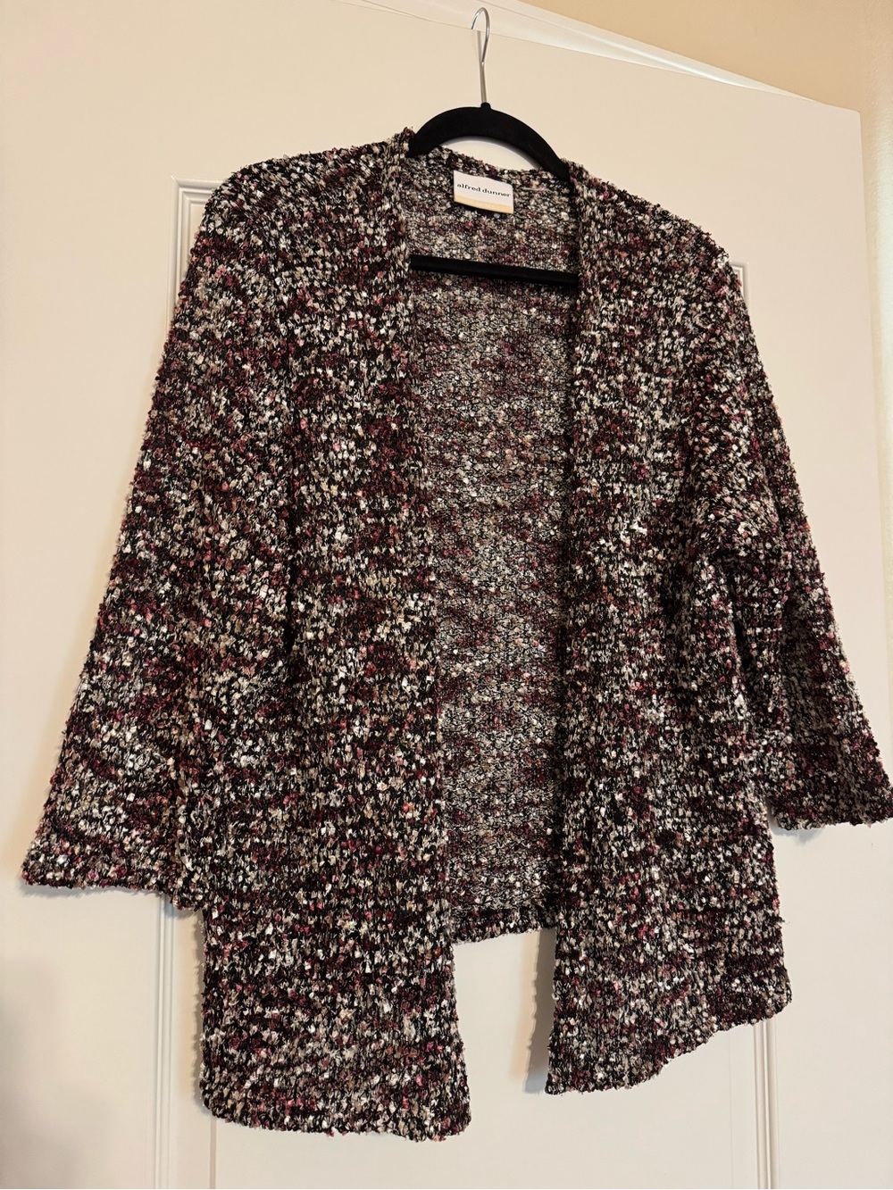 Alfred Dunner Open-Front Marled Cardigan in Black, White & Burgundy
